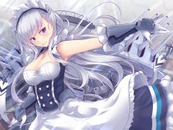 Rule 34 | 1girl, anchor, apron, azur lane, bare shoulders, belfast (azur lane), blue eyes, braid, breasts, brown hair, chain, cleavage, closed mouth, collar, collarbone, commentary request, corset, floating hair, french braid, frilled apron, frilled gloves, frills, gauntlets, gloves, highres, koumei (twinameless), large breasts, looking at viewer, machinery, maid, maid apron, maid headdress, side braid, silver hair, smile, solo, turret, waist apron, white apron, white gloves