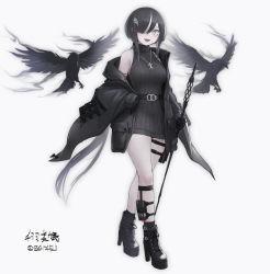 Rule 34 | 1girl, bad id, bad pixiv id, belt, bird, black gloves, black hair, black jacket, boots, breasts, dress, full body, gloves, grey eyes, hair ornament, hair over one eye, high heel boots, high heels, holding, holding staff, jacket, jewelry, long hair, medium breasts, mihato senba, mole, mole under eye, open clothes, open jacket, open mouth, original, pendant, ponytail, solo, staff, sweater, sweater dress, white background