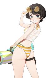 1girl absurdres adjusting_eyewear ass bikini black_hair blue_eyes comiket_104 commentary_request duck-shaped_eyewear eyewear_on_head from_behind grin highres hololive nonco_no oozora_subaru oozora_subaru_(hololive_summer_2019) shirt short_hair simple_background smile solo standing striped_bikini striped_clothes sunglasses swimsuit thigh_strap tinted_eyewear virtual_youtuber water white_background white_shirt yellow-tinted_eyewear yellow_bikini