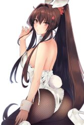 Rule 34 | 1girl, alternate costume, ass, black footwear, breasts, brown eyes, brown hair, brown pantyhose, commentary request, fake tail, flower, from behind, hair between eyes, hair flower, hair ornament, hand up, high heels, high ponytail, highres, kantai collection, kasumi (skchkko), large breasts, leotard, looking at viewer, looking back, open mouth, pantyhose, playboy bunny, rabbit tail, sitting, smile, solo, tail, wariza, white background, white leotard, white wrist cuffs, wrist cuffs, yamato (kancolle)
