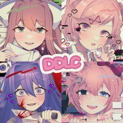 Rule 34 | 4girls, blood, blood on face, bloody knife, blue eyes, blush, brown hair, crying, crying with eyes open, doki doki literature club, empty eyes, fang, glitch, green eyes, hair intakes, hair ornament, hair ribbon, heart, highres, holding, holding knife, holding letter, kitchen knife, knife, letter, long hair, love letter, monika (doki doki literature club), multiple girls, natsuki (doki doki literature club), open mouth, pink eyes, pink hair, purple eyes, purple hair, ribbon, sayori (doki doki literature club), school uniform, senn10000, short hair, short twintails, skin fang, streaming tears, sweat, sweatdrop, tears, twintails, twitter username, uniform, white ribbon, yuri (doki doki literature club)