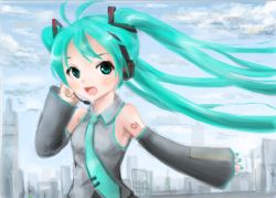 Rule 34 | 1girl, city, cloud, day, detached sleeves, green eyes, green hair, hatsune miku, headphones, long hair, lowres, sky, solo, vocaloid