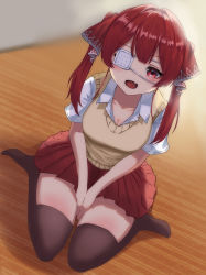 Rule 34 | 1girl, absurdres, between legs, blush, breasts, brown thighhighs, cleavage, collarbone, collared shirt, dress shirt, dutch angle, eyepatch, fang, feet, hair ribbon, hand between legs, highres, hololive, houshou marine, large breasts, long hair, looking at viewer, medical eyepatch, miniskirt, on floor, pleated skirt, red eyes, red hair, red ribbon, red skirt, ribbon, school uniform, shirt, shooot108, short sleeves, sitting, skin fang, skirt, solo, thighhighs, twintails, vest, virtual youtuber, wariza, white shirt, wooden floor, yellow vest, zettai ryouiki