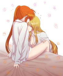 Rule 34 | 2girls, absurdres, artist request, bed, blonde hair, kissing breast, breasts, cleavage, collared shirt, couple, closed eyes, fate testarossa, hand on another&#039;s thigh, highres, kiss, long hair, lyrical nanoha, mahou shoujo lyrical nanoha, mahou shoujo lyrical nanoha strikers, moaning, multiple girls, open mouth, orange hair, panties, shirt, side ponytail, simple background, sitting, source request, takamachi nanoha, underwear, very long hair, yuri