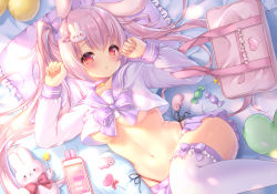 Rule 34 | 1girl, animal ears, bag, black panties, blush, bow, breasts, candy, candy wrapper, cellphone, choker, collarbone, commentary request, crop top, food, frilled pillow, frills, hair between eyes, hair bow, hair ornament, hairclip, hands up, heart, highres, lollipop, long hair, long sleeves, looking at viewer, medium breasts, miniskirt, navel, original, panties, parted lips, phone, phone with ears, pillow, pink choker, pink hair, pleated skirt, purple bow, purple sailor collar, purple skirt, purple thighhighs, rabbit ears, rabbit hair ornament, red eyes, sailor collar, shirt, side-tie panties, skirt, smartphone, solo, star (symbol), stuffed animal, stuffed rabbit, stuffed toy, thighhighs, underboob, underwear, very long hair, white shirt, yume kawaii, yuyuko (yuyucocco)