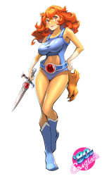 Rule 34 | 1980s (style), 1girl, absurdres, belt, boots, breasts, full body, genderswap, genderswap (mtf), hand on own hip, highres, large breasts, leotard, lion-o, looking at viewer, retro artstyle, one3four!, retro artstyle, short sword, simple background, solo, sword, tail, thundercats, tongue, tongue out, weapon