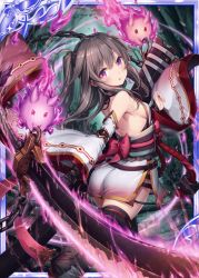 Rule 34 | 1girl, akkijin, ass, brown hair, card (medium), chain, energy sword, forest, ghost, hitodama, huge weapon, japanese clothes, nature, ninja, official art, pink eyes, shinkai no valkyrie, sword, thighhighs, weapon