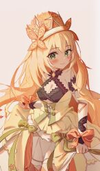 Rule 34 | 1girl, bare shoulders, blonde hair, blush, bow, breasts, butterfly hair ornament, celine (fire emblem), cleavage, crown, dress, fire emblem, fire emblem engage, flower, gbbgb321, green eyes, hair flower, hair ornament, highres, long hair, looking at viewer, nintendo, small breasts, smile, solo, underboob, upper body, very long hair, white background