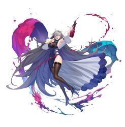 Rule 34 | 1girl, absurdres, alcohol, antenna hair, arm up, armlet, armpits, black gloves, black thighhighs, blue dress, blue footwear, bottle, breasts, closed eyes, counter:side, dress, feather boa, foot up, full body, gloves, gremory (counter:side), grey hair, hair over one eye, hand on own ear, hands up, happy, high heels, highres, holding, holding bottle, impossible clothes, impossible dress, lace, lace-trimmed legwear, lace trim, large breasts, long dress, long hair, official art, open mouth, purple liquid, side slit, sideboob, sleeveless, sleeveless dress, sleeveless turtleneck, smile, solo, squirting liquid, standing, standing on one leg, swept bangs, tachi-e, teeth, thighhighs, transparent background, turtleneck, upper teeth only, very long hair, waist cutout, wine, wine bottle