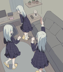 Rule 34 | 1girl, arm up, bang dream!, bang dream! it&#039;s mygo!!!!!, blue dress, cellphone, coldcat., commentary, computer, couch, dancing, dress, earclip, grey hair, highres, indoors, laptop, long hair, long sleeves, multiple views, phone, slippers, smartphone, socks, standing, wakaba mutsumi, white socks