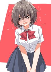 Rule 34 | 1girl, blush, bow, bowtie, brown hair, embarrassed, hair between eyes, highres, looking at viewer, matsuda hikari, original, pleated skirt, red background, red bow, red bowtie, school uniform, short hair, simple background, skirt, solo, sweat, upper body, wavy mouth