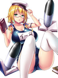Rule 34 | 10s, 1girl, adjusting clothes, adjusting headwear, bare shoulders, blonde hair, blue ribbon, blush, book, breasts, cleavage, collarbone, fat mons, glasses, green eyes, hair ribbon, hat, highres, i-8 (kancolle), kantai collection, knees up, large breasts, looking at viewer, low twintails, name tag, one-piece swimsuit, open book, open mouth, peaked cap, red-framed eyewear, ribbon, school swimsuit, semi-rimless eyewear, shiny skin, short hair, sitting, sleeveless, solo, swimsuit, thighhighs, torpedo, tress ribbon, tsukumiya amane, twintails, under-rim eyewear, white hat, white thighhighs