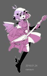 Rule 34 | 1girl, animal ears, artist name, bird ears, bird wings, dated, dress, electric guitar, full body, grey background, guitar, hair between eyes, hat, highres, holding, holding instrument, instrument, juliet sleeves, long sleeves, mystia lorelei, namauni, open mouth, puffy sleeves, shoes, short hair, simple background, sleeve garter, smile, solo, thighhighs, touhou, winged footwear, winged hat, wings