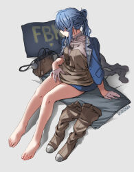 Rule 34 | 1girl, bag, barefoot, blue hair, boots, unworn boots, breasts, censored, ergot, feet, gloves, gotland (kancolle), hair over eyes, half gloves, highres, kantai collection, large breasts, long hair, mosaic censoring, ponytail, shoes, unworn shoes, shoulder bag, sitting, thigh boots, toes, white gloves