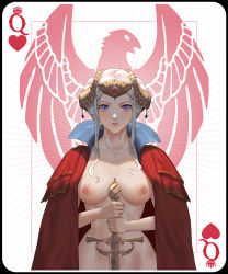 Rule 34 | 1girl, aztodio, blonde hair, blue eyes, breasts, breasts apart, cape, card, collarbone, commentary, edelgard von hresvelg, fire emblem, fire emblem: three houses, gloves, hair ornament, highres, holding, holding sword, holding weapon, large breasts, long hair, looking at viewer, naked cape, nintendo, nipples, playing card, purple eyes, queen (playing card), queen of hearts (playing card), solo, sword, weapon, white background