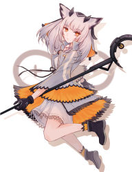 Rule 34 | 1girl, arknights, bare legs, black footwear, black gloves, boots, breasts, closed mouth, commentary, dress, english commentary, expressionless, feather trim, full body, gloves, haku wi, highres, holding, holding staff, jacket, jumping, looking at viewer, medium breasts, medium hair, open clothes, open jacket, orange eyes, owl ears, ptilopsis (arknights), rhine lab logo, silver hair, simple background, solo, staff, thighs, veil, white background, white dress, white jacket, wide sleeves