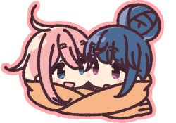 Rule 34 | 2girls, :d, :o, ahoge, blue eyes, blue hair, blush stickers, cheek-to-cheek, chibi, cropped shoulders, dark blue hair, eye contact, eyebrows, fringe trim, from side, gradient eyes, hair between eyes, heads together, heart, jaggy lines, kagamihara nadeshiko, looking at another, looking to the side, multicolored eyes, multiple girls, no nose, open mouth, orange scarf, outline, parted lips, pink hair, pink outline, portrait, purple eyes, scarf, shared clothes, shared scarf, shima rin, side-by-side, simple background, smile, swept bangs, tareme, white background, yoru nai, yurucamp