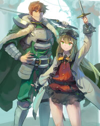 Rule 34 | 1boy, 1girl, armor, belt, black belt, black headwear, black shorts, breastplate, brown eyes, brown hair, buttons, coat, el mofus (brown hair female), father and daughter, fur-trimmed armor, fur trim, goggles, goggles around neck, green eyes, green pants, green shirt, holding, holding sword, holding weapon, kazo (kazozakazo), long hair, pants, rance, rance (series), rance 10, red shirt, shirt, short hair, shorts, sword, weapon, white coat