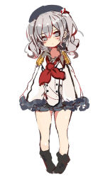 Rule 34 | 1girl, aged down, beret, black socks, blush, epaulettes, full body, grey eyes, hat, kantai collection, kashima (kancolle), long sleeves, military, military uniform, no shoes, oversized clothes, red neckwear, silver hair, simple background, socks, solo, standing, sukima (crie), twintails, uniform, wavy hair, white background