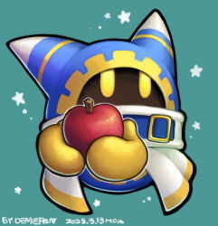 Rule 34 | 1boy, apple, commentary request, dated, demerin, disembodied limb, food, fruit, gloves, green background, holding, holding food, holding fruit, kirby (series), magolor, male focus, nintendo, rayman limbs, signature, solid oval eyes, solo, star (symbol), yellow eyes, yellow gloves