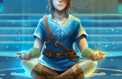 Rule 34 | 1boy, belt, blonde hair, boots, bracer, head out of frame, indian style, jasqreate, link, male focus, meditation, nintendo, sitting, solo, the legend of zelda, the legend of zelda: breath of the wild, tunic, white legwear