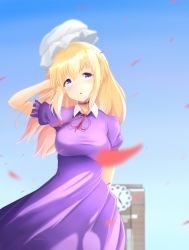 Rule 34 | 1girl, arm up, bad id, bad pixiv id, blonde hair, blue eyes, blue sky, clock, clock tower, day, dress, hat, highres, long hair, maribel hearn, mob cap, neck ribbon, open mouth, petals, purple dress, ribbon, septet (zrca janne), short sleeves, sky, solo, touhou, tower, upper body, wind