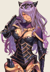 Rule 34 | 1girl, armor, blush, breasts, camilla (fire emblem), cleavage, fire emblem, fire emblem engage, fire emblem fates, gloves, hair over eyes, hair over one eye, hungry clicker, large breasts, lips, long hair, looking at viewer, nintendo, open mouth, purple eyes, purple hair, smile, solo, very long hair, wavy hair
