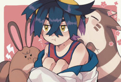 Rule 34 | 1boy, black hair, colored inner hair, commentary request, creatures (company), crossed bangs, furret, game freak, gen 2 pokemon, hayashi (pixiv), headband, highres, jacket, kieran (pokemon), knees to chest, knees up, long sleeves, looking to the side, male focus, mole, mole on neck, multicolored hair, nintendo, off-shoulder jacket, off shoulder, pokemon, pokemon sv, pout, pouting, puffy cheeks, purple hair, red tank top, sentret, shirt, short hair, tank top, two-tone hair, upper body, white jacket, yellow eyes, yellow headband