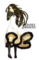 Rule 34 | 1girl, 5pb., agnes oblige, black eyes, black hair, boots, bravely default: flying fairy, bravely default (series), brown eyes, brown hair, cape, coat, dress, elbow gloves, gloves, hairband, headband, highres, knee boots, long hair, m-minato, open mouth, puffy sleeves, simple background, skirt, solo, wind
