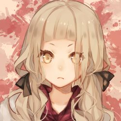 Rule 34 | 1girl, black bow, blonde hair, blood, blood splatter, blunt bangs, bow, closed mouth, eyes visible through hair, frown, hair bow, jacket, long hair, looking at viewer, red riding hood (sinoalice), serious, sinoalice, solo, teroru, twintails, upper body, wavy hair, yellow eyes