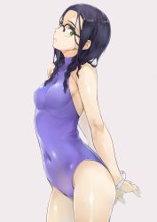 Rule 34 | 10s, 1girl, arms behind back, black hair, bracelet, braid, casual one-piece swimsuit, covered navel, cowboy shot, darling in the franxx, drill hair, glasses, green eyes, grey background, hair over shoulder, highres, ikuno (darling in the franxx), jewelry, long hair, nagayori, one-piece swimsuit, purple one-piece swimsuit, simple background, solo, swimsuit, turtleneck, twin braids, twin drills