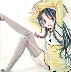 Rule 34 | 1girl, arms up, artist request, bonnet, brown thighhighs, dress, female focus, from side, leg up, looking at viewer, looking to the side, original, simple background, solo, striped clothes, striped thighhighs, thighhighs, white background, yellow dress, zettai ryouiki