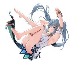 Rule 34 | 1girl, absurdres, arm behind head, arm up, armlet, armpits, ass, barefoot, blunt bangs, bracelet, breasts, commentary request, dress, faruzan (genshin impact), feet, genshin impact, grey eyes, grey hair, hair between eyes, hair ornament, highres, jewelry, knees to chest, long hair, looking at viewer, lying, medium breasts, on back, radoremo, sideboob, sidelocks, simple background, sleeveless, soles, solo, stretching, twintails, white background, white dress, x hair ornament