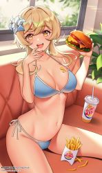 Rule 34 | 1girl, bare shoulders, bikini, blonde hair, blue bikini, blush, brand name imitation, breasts, burger, burger king, cleavage, collarbone, cup, disposable cup, duplicate, fast food, fingernails, flower, food, french fries, genshin impact, hair flower, hair ornament, highres, holding, holding food, large breasts, logo parody, looking at viewer, lumine (genshin impact), medium hair, navel, open mouth, pantheon eve, product placement, revision, sidelocks, sitting, smile, solo, swimsuit, thighs, window, yellow eyes