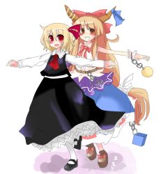 Rule 34 | 2girls, bad id, bad pixiv id, blonde hair, chain, female focus, full body, horns, ibuki suika, long hair, multiple girls, orange hair, outstretched arms, red eyes, ribbon, rumia, shoot the bullet, short hair, simple background, spread arms, standing, touhou, white background, yaho (pixiv)