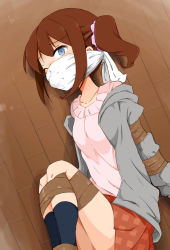 Rule 34 | 1girl, arms behind back, bdsm, blouse, blue eyes, bondage, bound, bound ankles, bound legs, bound wrists, brown hair, chiaki&#039;s sister (hoojiro (found1093)), cloth gag, gag, gagged, hair ornament, hair scrunchie, highres, hoojiro (found1093), ie ni kaettara, improvised gag, lying, on side, one eye closed, over the nose gag, pink shirt, restrained, scrunchie, shirt, side ponytail, skirt, solo, tape, tape bondage