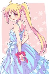 Rule 34 | 1girl, ahoge, blonde hair, blue dress, blush, bocchi the rock!, bow, braid, brown background, dress, e20, floral background, frilled dress, frills, from behind, highres, ijichi nijika, long hair, looking at viewer, looking back, outside border, red bow, red eyes, side ponytail, sidelocks, sleeveless, sleeveless dress, solo, two-tone background, very long hair, white background, wrist bow