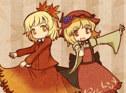 Rule 34 | 2girls, aki minoriko, aki shizuha, akihiyo, apron, blonde hair, female focus, food, fruit, grapes, hair ornament, hat, leaf, leaf hair ornament, long sleeves, looking at viewer, multiple girls, open hand, open mouth, outstretched arms, red eyes, ribbon, short hair, siblings, simple background, sisters, skirt, skirt hold, skirt set, smile, striped, striped background, touhou, vertical stripes, wide sleeves, yellow eyes