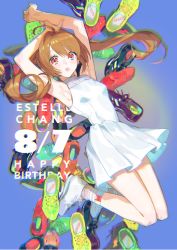 Rule 34 | 1girl, ahoge, alternate costume, armpits, arms up, bare arms, brown hair, chromatic aberration, dated, dress, eiyuu densetsu, estelle bright, hair intakes, happy birthday, highres, long hair, looking at viewer, nishihara isao, open mouth, red eyes, shoes, short dress, sleeveless, sleeveless dress, sneakers, solo, sora no kiseki, twintails, white dress