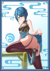 Rule 34 | 1boy, absurdres, artist request, ass, bad id, bad pixiv id, bare shoulders, black panties, black thighhighs, blue hair, blush, breasts, china dress, chinese clothes, cleavage, clothes lift, dress, earrings, embarrassed, garter straps, genshin impact, half-closed eyes, hifi, high heels, highres, jewelry, leg up, legs, looking at viewer, panties, short hair, single earring, small breasts, solo, thighhighs, trap, underwear, xingqiu (genshin impact), yellow eyes