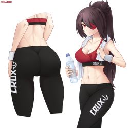 Rule 34 | 1girl, absurdres, alternate costume, ass, bare shoulders, beidou (genshin impact), breasts, brown hair, english text, eyepatch, from behind, genshin impact, highres, large breasts, leggings, long hair, looking at viewer, multiple views, pants, ponytail, red eyes, smile, spandex, sports bra, theatko, tight clothes, tight pants