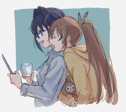Rule 34 | 2girls, ahoge, alternate costume, bird, blouse, blue eyes, blue hair, brown hair, closed eyes, cup, fang, feather hair ornament, feathers, glass, glasses, hair ornament, hairclip, hololive, hololive english, hood, hoodie, kisuu (oddnumberr ), leaning on person, long hair, multicolored hair, multiple girls, nanashi mumei, ouro kronii, owl, ponytail, ribbon, shirt, simple background, streaked hair, stuffed toy, tablet pc, very long hair, virtual youtuber, white shirt, yawning, yellow hoodie
