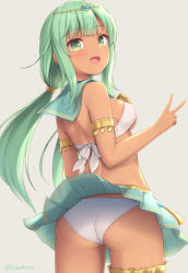 Rule 34 | 1girl, :d, armlet, ass, bikini, blue skirt, blush, circlet, cowboy shot, dark-skinned female, dark skin, from behind, green eyes, green hair, long hair, looking at viewer, looking back, low twintails, miniskirt, open mouth, original, sasaame, skirt, smile, solo, swimsuit, twintails, twitter username, v, white bikini, wind, wind lift
