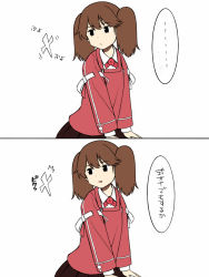 Rule 34 | 1girl, 2girls, black skirt, brown eyes, brown hair, highres, japanese clothes, kantai collection, kariginu, magatama, multiple girls, multiple views, pleated skirt, red shirt, ryuujou (kancolle), shikigami, shirt, simple background, skirt, translation request, tussy, twintails, white background