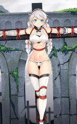 Rule 34 | 1girl, ahoge, bandaged arm, bandages, bare shoulders, bdsm, black hairband, blue eyes, bondage, boots, bound, bound arms, bound legs, braid, breasts, cleavage, cleavage cutout, clothing cutout, commentary request, cosplay, crop top, crucifixion, feet out of frame, fingerless gloves, gloves, gluteal fold, groin, hairband, highres, honkai (series), honkai impact 3rd, jack the ripper (fate/apocrypha) (cosplay), kiana kaslana, large breasts, long hair, looking at viewer, midriff, navel, outdoors, outstretched arms, panties, restrained, rope, shirt, single glove, sleeveless, sleeveless shirt, solo, stomach, thigh boots, thighs, twin braids, underwear, very long hair, white footwear, white gloves, white hair, white panties, white shirt, yasume yukito