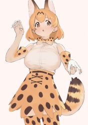 Rule 34 | 1girl, :o, absurdres, animal ear fluff, animal ears, bare shoulders, blonde hair, blouse, bow, bowtie, breasts, brown eyes, claw pose, commentary, commission, cowboy shot, elbow gloves, extra ears, gloves, hand up, high-waist skirt, highres, kemono friends, kona ming, large breasts, looking at viewer, pixiv commission, print gloves, print neckwear, print skirt, print thighhighs, serval (kemono friends), serval print, serval tail, shirt, short hair, simple background, skirt, sleeveless, sleeveless shirt, solo, tail, thighhighs, traditional bowtie, white shirt
