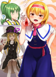 Rule 34 | !?, 1boy, 2girls, ?, alice margatroid, artificial vagina, black skirt, blonde hair, blue dress, blush, bob cut, bow, breasts, brown eyes, bulge, capelet, censored, closed eyes, closed mouth, commentary request, cookie (touhou), daiyousei, diyusi (cookie), dress, feet out of frame, frilled hairband, frilled neckwear, frilled sash, frills, genderswap, genderswap (ftm), green hair, hair between eyes, hair ribbon, hairband, hat, hat bow, highres, hinase (cookie), kirisame marisa, leaning forward, long hair, long sleeves, looking at viewer, medium hair, mosaic censoring, multiple girls, open mouth, panties, petticoat, pink hairband, pink neckwear, pink sash, ponytail, purple bow, rei (cookie), ribbon, sash, sex toy, shirt, short hair, sinzen, skirt, sweat, thighhighs, tongue, touhou, trap, turtleneck, underwear, upper body, uvula, white capelet, white legwear, white panties, white shirt, witch hat, yellow eyes, yellow ribbon
