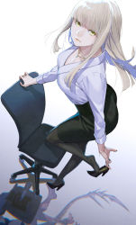 Rule 34 | 1girl, absurdres, au ra, warrior of light (ff14), black footwear, black nails, black pantyhose, black skirt, blonde hair, blunt bangs, blunt ends, bracelet, breasts, chair, chromatic aberration, cleavage, commentary, commission, different shadow, dragon tail, expressionless, film grain, final fantasy, final fantasy xiv, foreshortening, from above, full body, gradient background, green eyes, grey background, high heels, highres, jewelry, kyo (kuroichigo), long hair, looking at viewer, looking up, nail polish, necklace, office chair, office lady, pantyhose, pencil skirt, removing shoes, shadow, shirt, simple background, skeb commission, skirt, solo, standing, standing on one leg, swivel chair, tail, white shirt