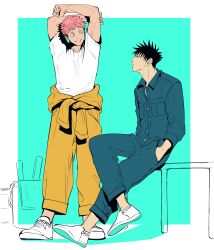 Rule 34 | 2boys, absurdres, aqua background, arms up, black hair, blue eyes, blue pants, blue shirt, clothes around waist, couple, eye contact, full body, fushiguro megumi, hand in pocket, highres, itadori yuuji, jujutsu kaisen, looking at another, male focus, marukome0816, multiple boys, open mouth, outline, pants, pink hair, shirt, shoes, short hair, simple background, sitting, smile, spiked hair, stretching, white footwear, white shirt, yaoi, yellow eyes, yellow pants