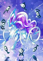 Rule 34 | animal focus, brown eyes, closed mouth, commentary, creatures (company), game freak, gen 2 pokemon, highres, kotone11152, legendary pokemon, nintendo, no humans, pokemon, pokemon (creature), ripples, solo, standing, suicune, toes, twitter username, unown